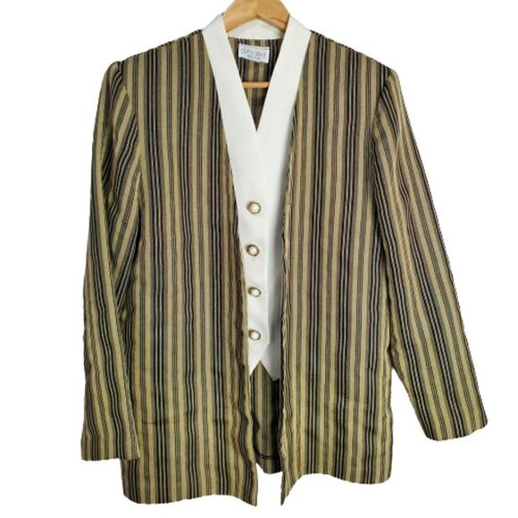 Dress Savvy Vintage Blazer Womens Size 12 Tan Striped 90s Preppy Mod Glam Rock - Picture 1 of 11